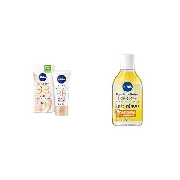NIVEA Lot Skin Glow : BB Crème 5‑en‑1 Teinte Claire 50 ml + Eau Micellaire Waterproof 400 ml – Hydrate 24H, Démaquille & Illu