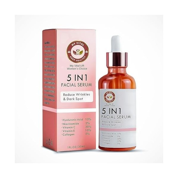 MY VITAL KEEP HEALTHY Sérum visage 5 en 1 anti-âge avec vitamine C, acide hyaluronique, vitamine E, sérum éclaircissant pour 