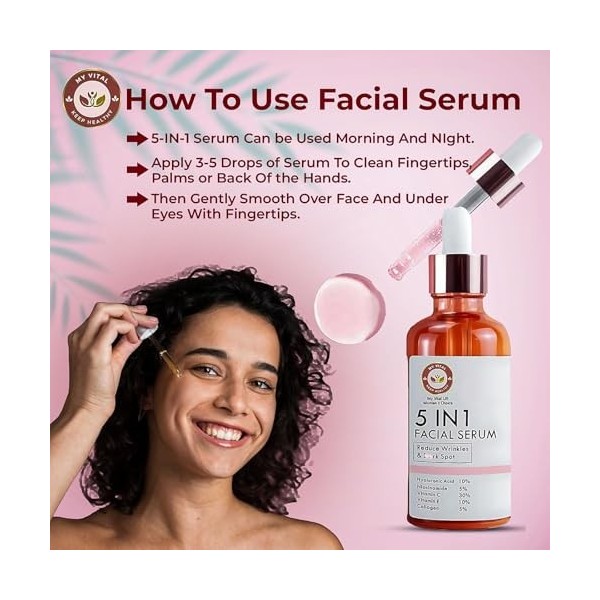 MY VITAL KEEP HEALTHY Sérum visage 5 en 1 anti-âge avec vitamine C, acide hyaluronique, vitamine E, sérum éclaircissant pour 