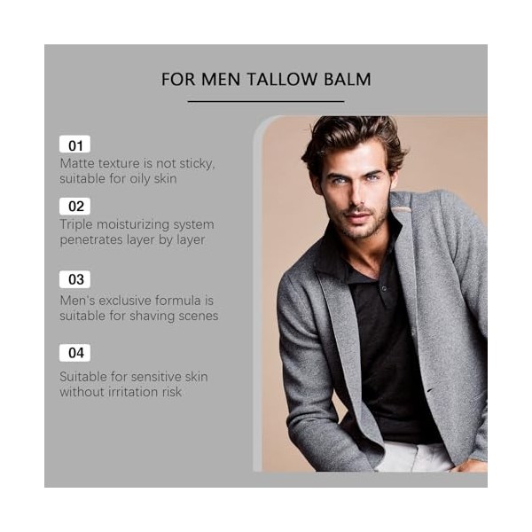 Baume de suif anti-rides pour hommes - Hydratant pour le visage au suif de bœuf nourri à lherbe, crème hydratante pour le vi ...