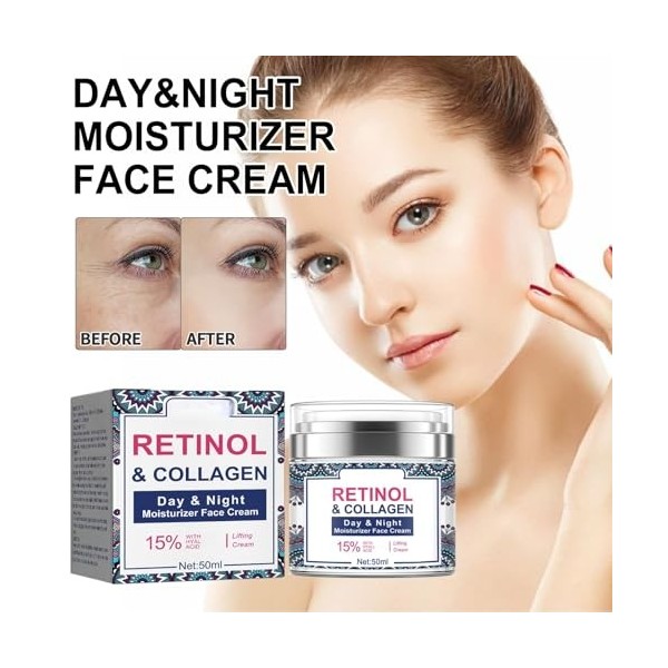 Crème hydratante de jour et de nuit au rétinol et au collagène, crème anti-rides, Anti-Aging-Faltencreme avec crème liftante ...
