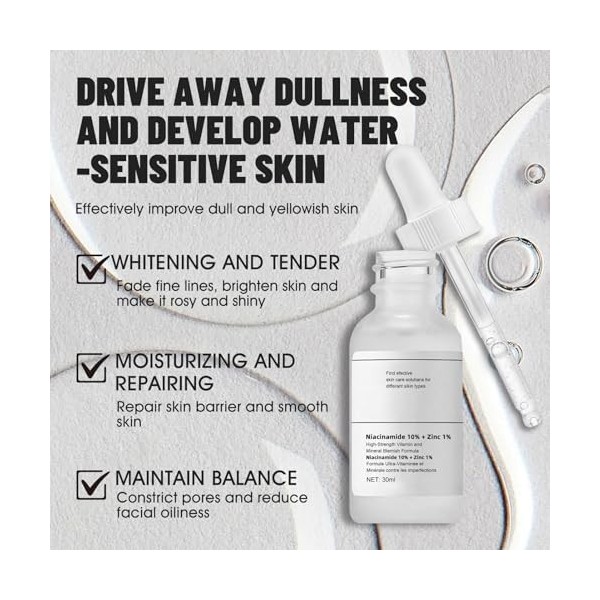 Niacinamide 10% + Zinc 1% Serum, Niacinamide Serum, Acide Hyaluronique serum+B5, serum Visage Anti Imperfection, Rétrécir les