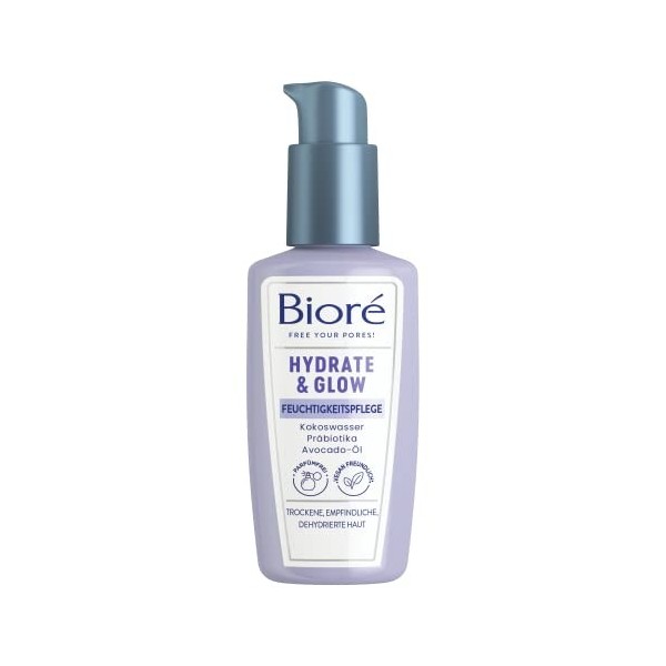 Bioré Hydrate et Glow - Soin hydratant - Contenu : 100 ml - Type de peau : sèche, sensible, déshydratée - Avec de leau de co