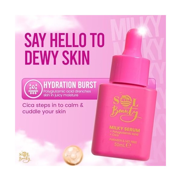 Sol Beauty Sérum Visage Lacté - 50 ml. Sérum hydratant à la texture laiteuse, en flacon compte-gouttes. Soin lissant et illum