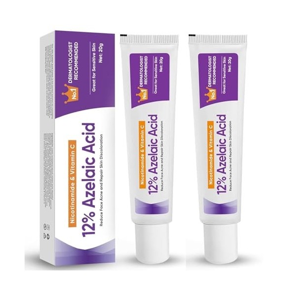 2 Pièces Sérum Acide Azélaïque 12%, Crème Visage Anti Acné et Anti Rougeurs, Azelaic Acid Serum, Éclaircissant, pour Tous Typ