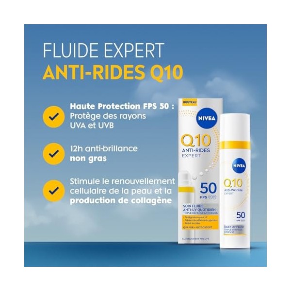 NIVEA Q10 Anti-Rides Expert - Fluide Anti-UV Quotidien FPS 50 - Soin Visage Combleur De Rides - Haute Protection UVA/UVB - 12...