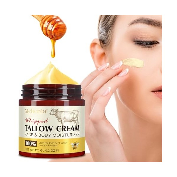 Crème au bœuf Tallow - Crème pour le visage bio avec sébum - 100 % de suif de bœuf nourri à lherbe - Miel naturel et cire d