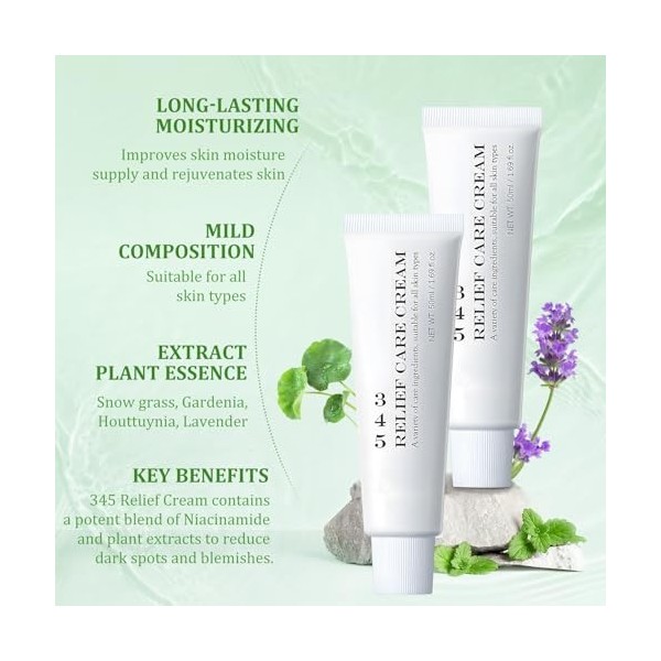345 Relief Cream, 345 Crème Visage Hydratante, Moisturizer Face Creme 345, Hydrate et Apaise, Répare la Barrière Cutanée, Con