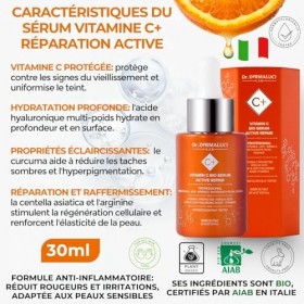 Serum Visage Vitamine C Acide Hyaluronique/Ferulique 30ML BIO | Anti-Taches Anti-Age Naturelle | Curcuma Centella Asiatica | 