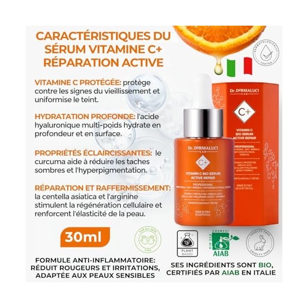 Serum Visage Vitamine C Acide Hyaluronique/Ferulique 30ML BIO | Anti-Taches Anti-Age Naturelle | Curcuma Centella Asiatica | 