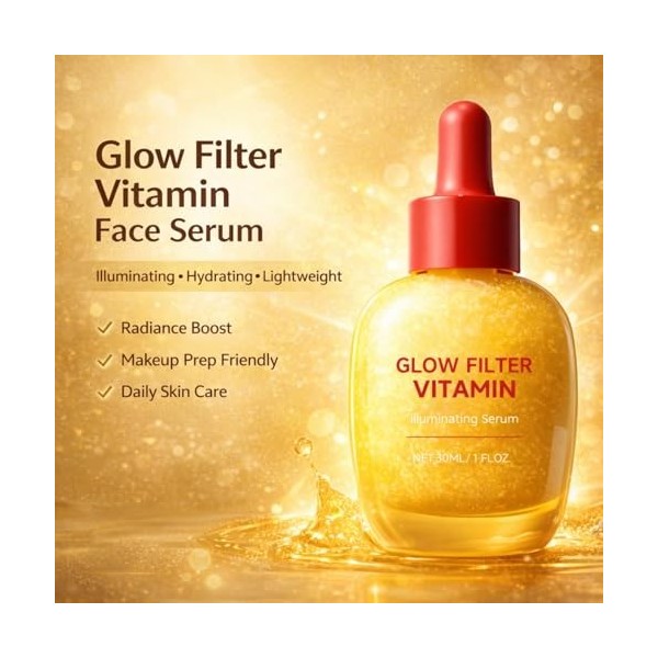 Sérum visage Glow Filter Vitamin, sérum facial illuminateur pour une peau éclatante, sérum hydratant léger idéal comme base d...