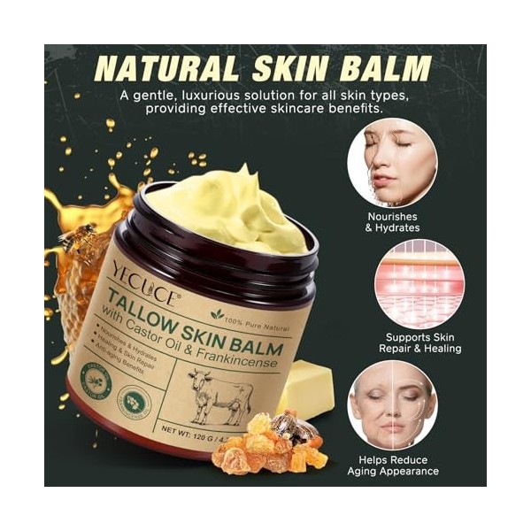 Crème Tallow au Suif de Bœuf avec Miel & Huile d’Encens - Crème Fouettée Naturelle Visage & Corps pour Peau Sèche et Sensible...