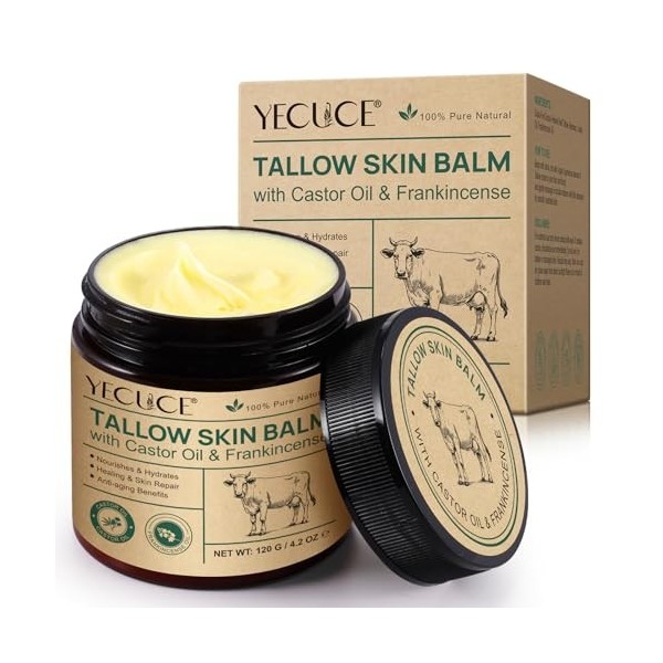 Crème Tallow au Suif de Bœuf avec Miel & Huile d’Encens - Crème Fouettée Naturelle Visage & Corps pour Peau Sèche et Sensible...
