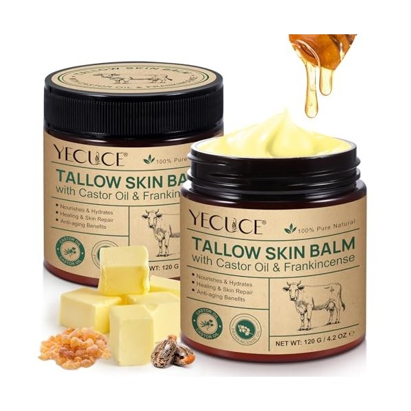 Crème Tallow au Suif de Bœuf avec Miel & Huile d’Encens - Crème Fouettée Naturelle Visage & Corps pour Peau Sèche et Sensible...