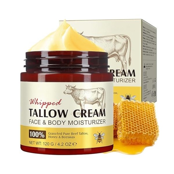 Beef Tallow for Skin, Crème de Suif de Bœuf pour Le Corps et Le Visage, 100% Naturel Tallow and Honey Balm, Hydratation pour 