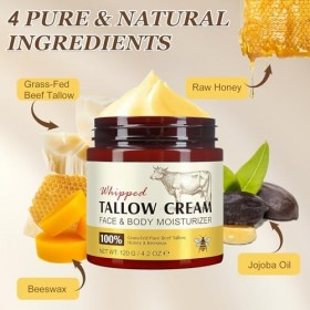 Beef Tallow for Skin, Crème de Suif de Bœuf pour Le Corps et Le Visage, 100% Naturel Tallow and Honey Balm, Hydratation pour 