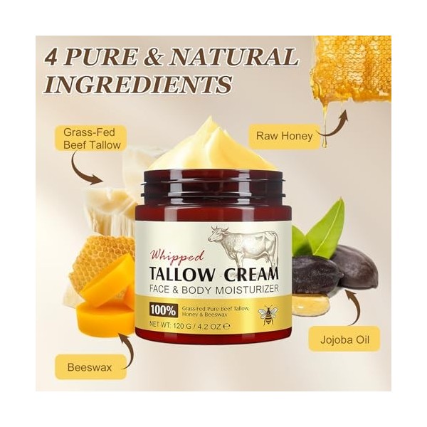Beef Tallow for Skin, Crème de Suif de Bœuf pour Le Corps et Le Visage, 100% Naturel Tallow and Honey Balm, Hydratation pour 