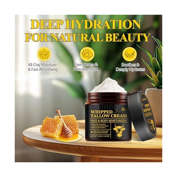 Beef Tallow Cream for Skin - Crème pour le visage nourrissante à base de suif provenant danimaux nourris exclusivement à lh C...