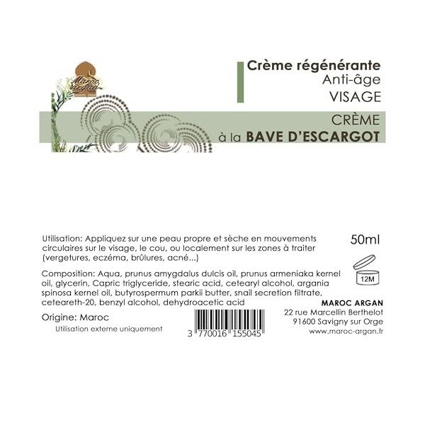 Crème à la Bave dEscargot - Anti-âge et Réparatrice - Parfaite contre les rides, Vergetures et pour traiter lAcné - 50ml
