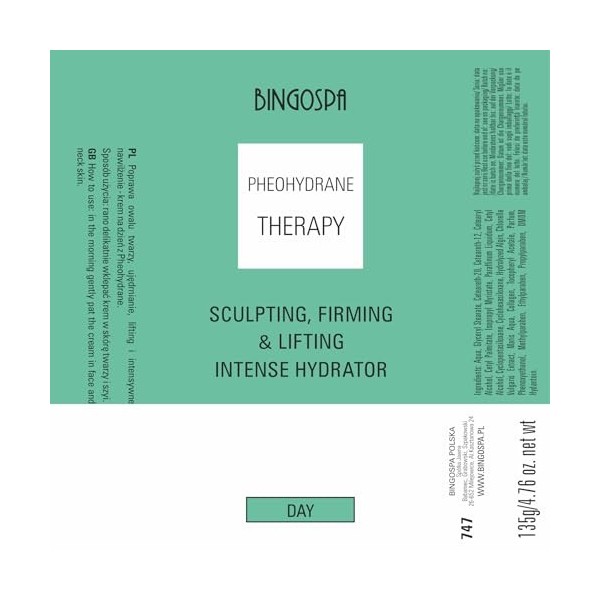 Amélioration de lovale du visage, raffermissement, lifting, hydratation intense Crème de jour au phhéohydran 135 g BINGOSPA