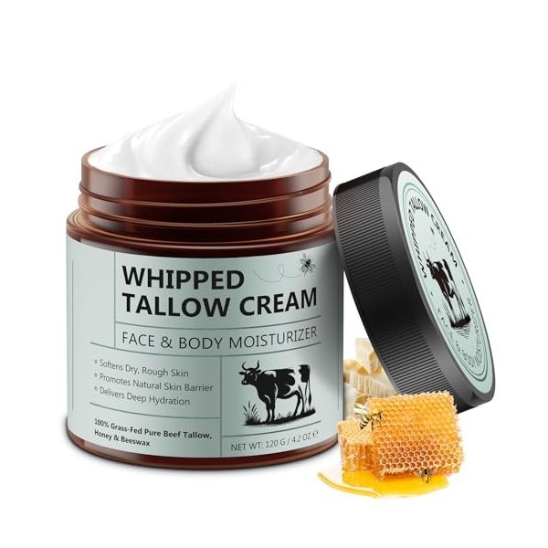 Beef Tallow, Suif de Bœuf Bio pour la Peau - Crème Hydratante Intense Visage & Corps - 100% Naturel, Sans Parfum, Adapté à To
