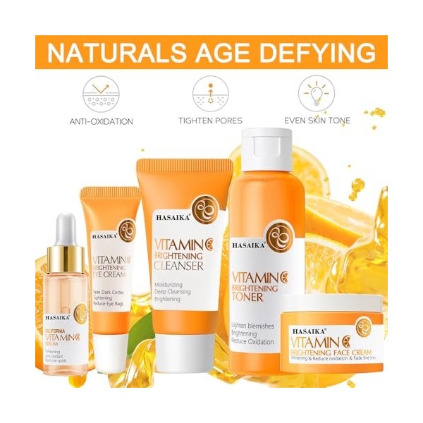 HASAIKA® Coffret de soins à la Vitamine C, Avec Sérum À La Vitamine C, Crème Hydratante à la Vitamine C, Ensemble Hydratant A...