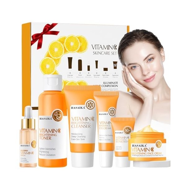HASAIKA® Coffret de soins à la Vitamine C, Avec Sérum À La Vitamine C, Crème Hydratante à la Vitamine C, Ensemble Hydratant A...