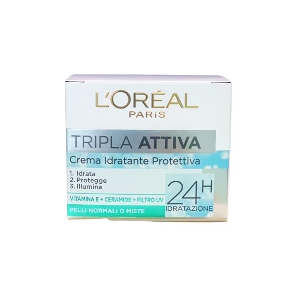 LOréal Paris Triple Active Crème Visage Hydratante Protection Jour pour Peaux Normales ou Mixtes, 50 ml