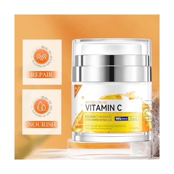 Crème Éclaircissante et Anti-Âge à la Vitamine C 50g, Enrichie en Niacinamide, Crème stimulation collagène, Unifie le Teint e