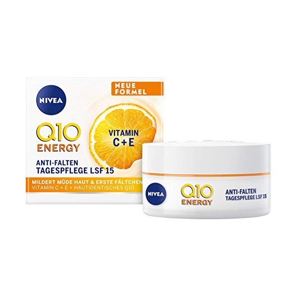 NIVEA Q10 ENERGY Crème de jour anti-rides à la vitamine C hydratante pour le visage avec Q10, vitamine C et extrait de guaran...