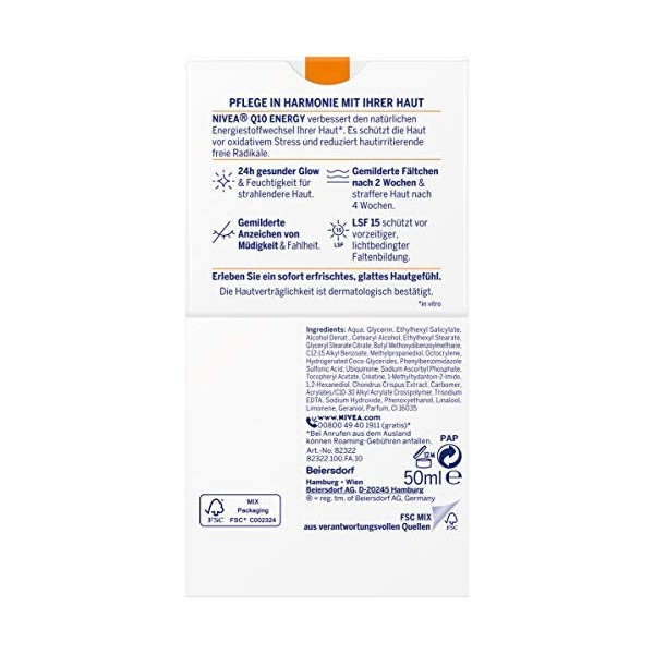 NIVEA Q10 ENERGY Crème de jour anti-rides à la vitamine C hydratante pour le visage avec Q10, vitamine C et extrait de guaran...
