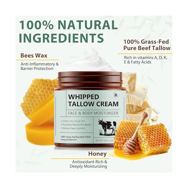 Tallow Skincare - Crème de tallow au bœuf bio - 100 % herbe - Nourriture avec du suif pur et du miel - Hydratation en profond