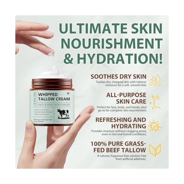 Beef Tallow for Skin 120g, Suif de Bœuf Bio pour la Peau, Crème Hydratante Intense Visage & Corps, 100% Naturel et Biologique