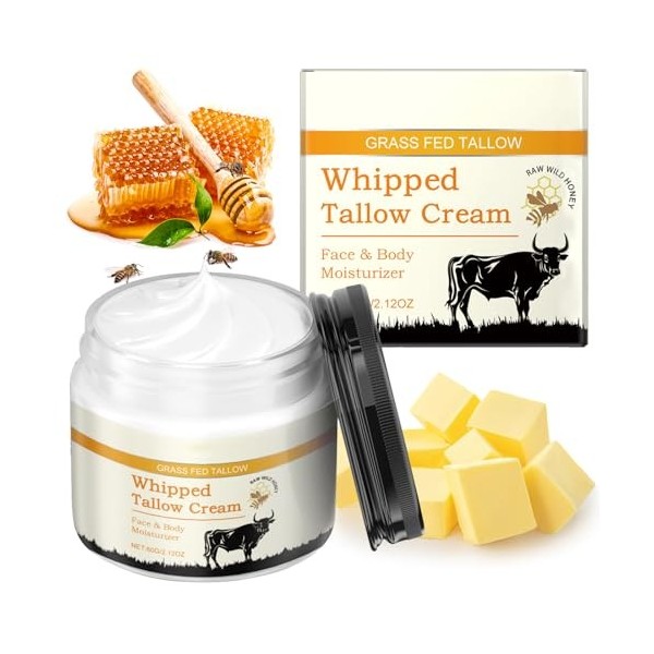 Beef Tallow for Skin, 120g Suif De BœUf Nourri à LHerbe, Tallow and Honey Balm, Hydratant Soins de la Peau au Suif de Bœuf, ...