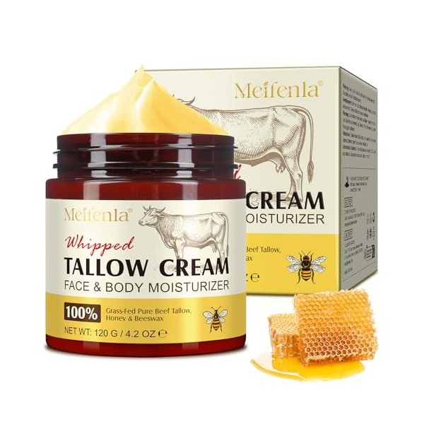 Beef Tallow For Skin - Organic Grass-Fed Whipped Tallow and Honey Balm, Face Cream & Moisturiser - Deeply Nourishing and Mois