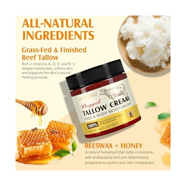 Beef Tallow For Skin - Organic Grass-Fed Whipped Tallow and Honey Balm, Face Cream & Moisturiser - Deeply Nourishing and Mois