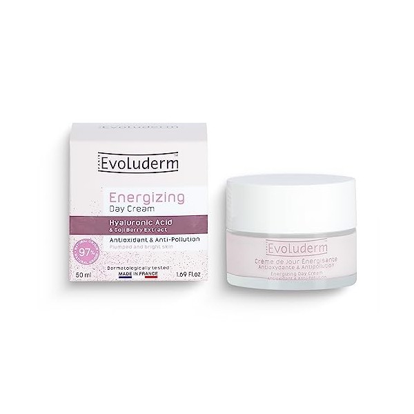 EVOLUDERM - Crème de Jour Énergisante Antioxydante & Anti-Pollution - 50 ml - 97% dOrigine Naturelle - Végan - Fabrication F