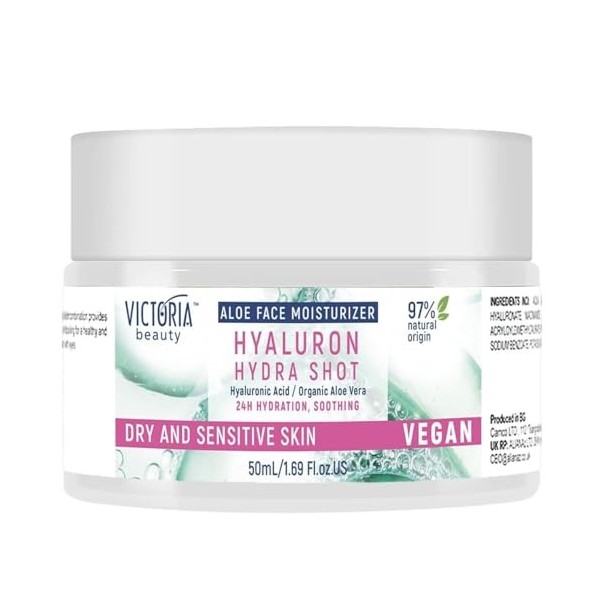 Victoria Beauty Crème à lacide hyaluronique à laloe vera bio, crème pour le visage pour peaux sèches et sensibles, crème de