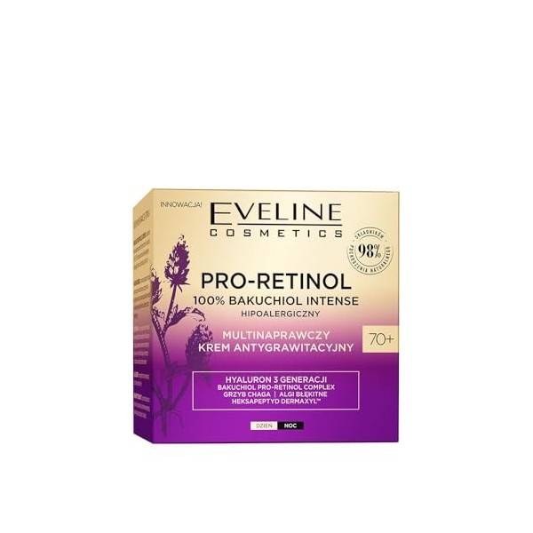Eveline Cosmetics Bakuchiol Pro-Retinol Crème anti-gravité 70+ avec acide hyaluronique et champignon Chaga | Réduction des ri