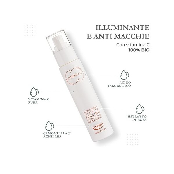 irsan Crème Spray Hydratante Rafraîchissante Visage Illuminante avec VITAMINE C pure, Acide Hyaluronique, Rose, Camomille et 