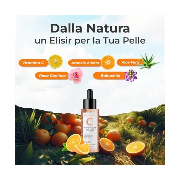 Sérum Visage Vitamine C 100ml - BellItaliabio | Anti Taches, Anti-rides, Blanchissant | Acide Hyaluronique, Bakuchiol, Aloe 