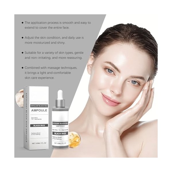 Toner exfoliant et sérum hydratant au riz noir avec glycérine et peptide-68, affine les pores et lisse la surface de la peau ...