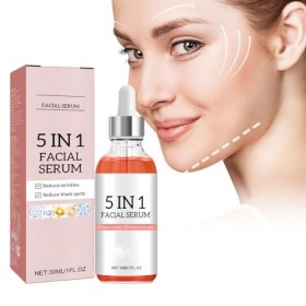 Sérum visage à la vitamine C, sérum 5 en 1 à la vitamine C pour le visage, anti-âge avec acide hyaluronique, éliminateur de t...