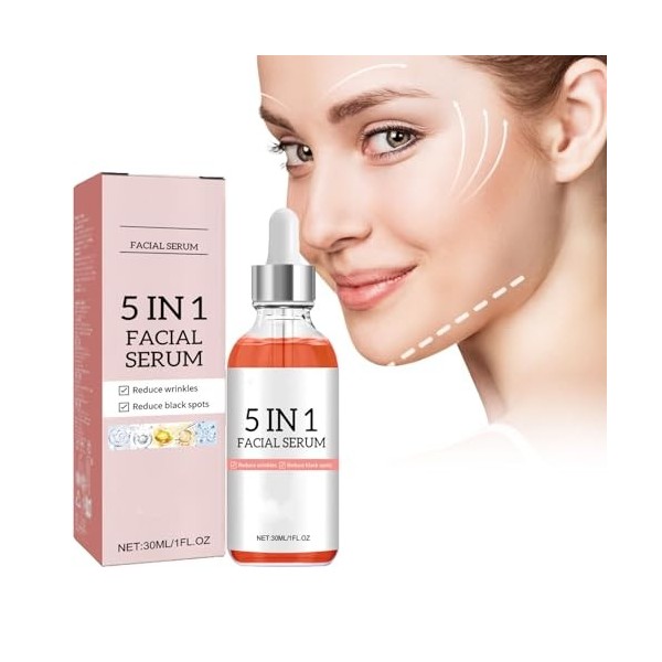 Sérum visage à la vitamine C, sérum 5 en 1 à la vitamine C pour le visage, anti-âge avec acide hyaluronique, éliminateur de t...