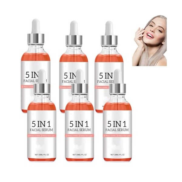 Sérum visage à la vitamine C, sérum 5 en 1 à la vitamine C pour le visage, anti-âge avec acide hyaluronique, éliminateur de t...