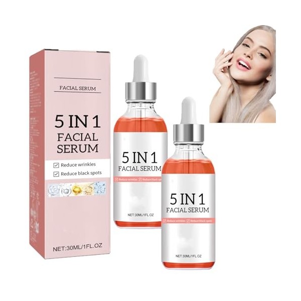 Sérum visage à la vitamine C, sérum 5 en 1 à la vitamine C pour le visage, anti-âge avec acide hyaluronique, éliminateur de t...