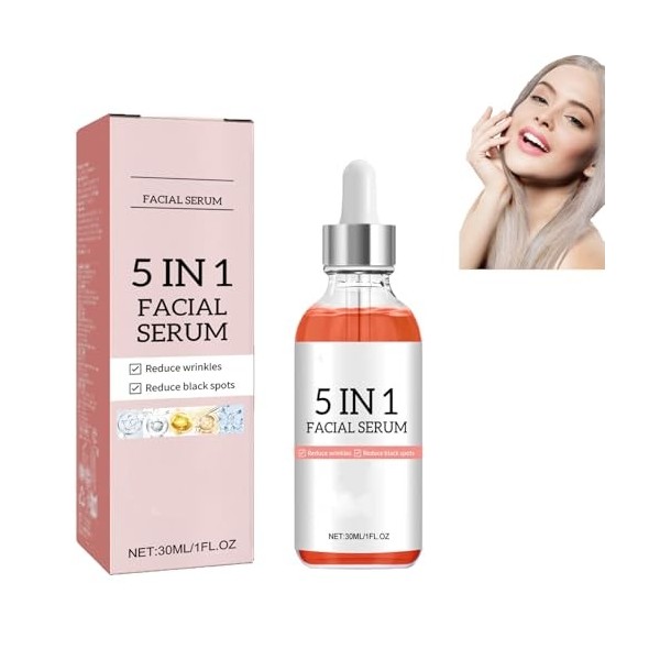 Sérum visage à la vitamine C, sérum 5 en 1 à la vitamine C pour le visage, anti-âge avec acide hyaluronique, éliminateur de t...