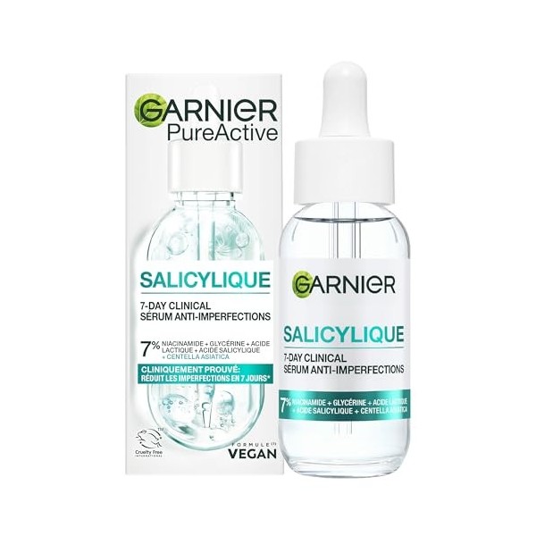 GARNIER - PureActive - Sérum Anti-Imperfections - Acide Salicylique & Niacinamide - Boutons, Rougeurs, Excès de sébum, Taches...