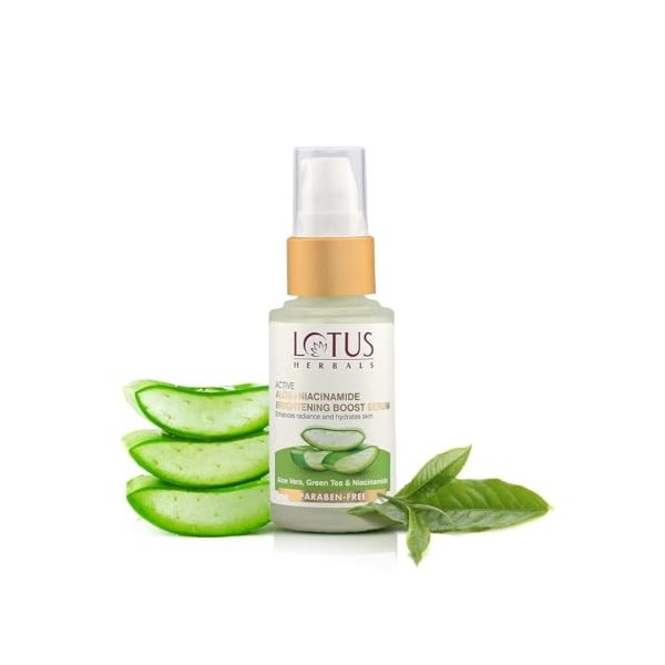 Lotus Herbals Sérum éclaircissant à laloe vera actif et niacinamide | Améliore léclat et hydrate la peau | Sans praben | To