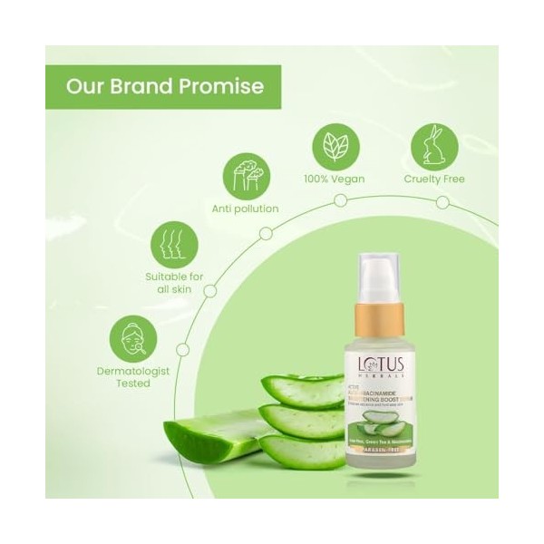 Lotus Herbals Sérum éclaircissant à laloe vera actif et niacinamide | Améliore léclat et hydrate la peau | Sans praben | To